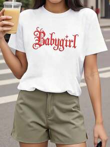 Camiseta de mujer de algodón puro con estampado, estilo dulce y fresco, estampado vintage "Babygirl", cuello redondo, manga corta, para primavera-verano. - Blanco - Ver 7