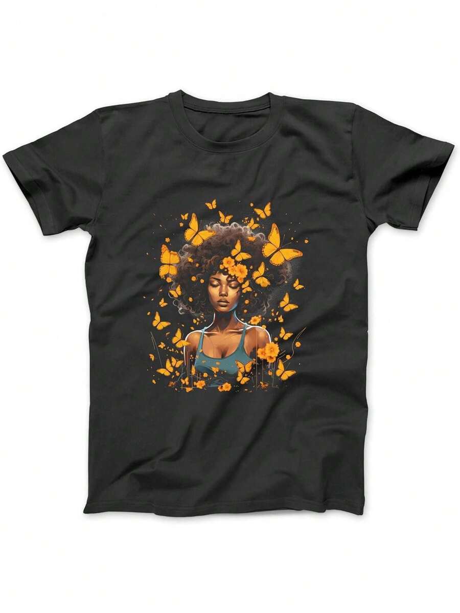 Camiseta con diseño gráfico de arte de mariposas de mujer afroamericana y niña negra para hombres y mujeres - Negro - Ver 1