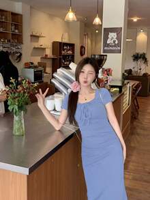 Y6Y 法国蓝女士春夏性感修身中长款方领连衣裙，优雅 - 霧霾藍 - 查看 6