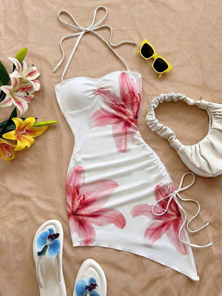 Vestido ceñido con estampado floral romántico de color rosa sobre base blanca, con dobladillo asimétrico, cuello halter y lazo, para vacaciones, playa, estilo occidental, festivales, verano, estilo bohemio - Vestidos de verano para mujer - Rojo - Ver 1