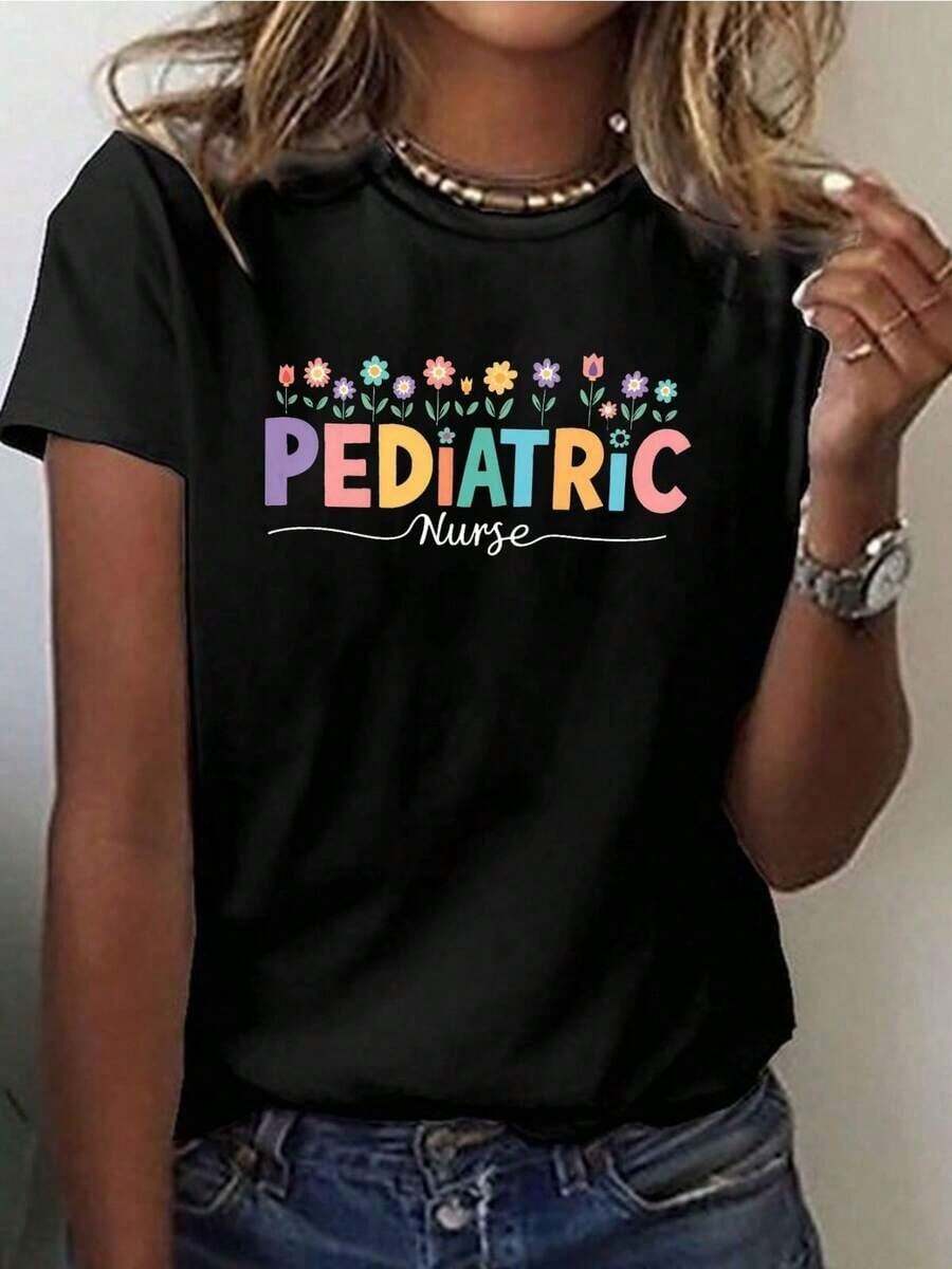 1pscPEDIATRIC Camiseta con Estampado de Enfermera, Manga Corta, Cuello Redondo, Top Casual para Verano y Primavera, Ropa de Mujer 100% Algodón - Negro - Ver 1