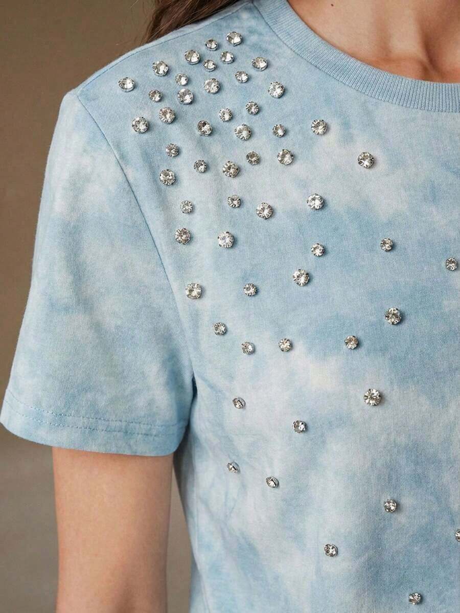 Camiseta de mujer casual con efecto desgastado y adornada con diamante de imitación - Azul - Ver 1