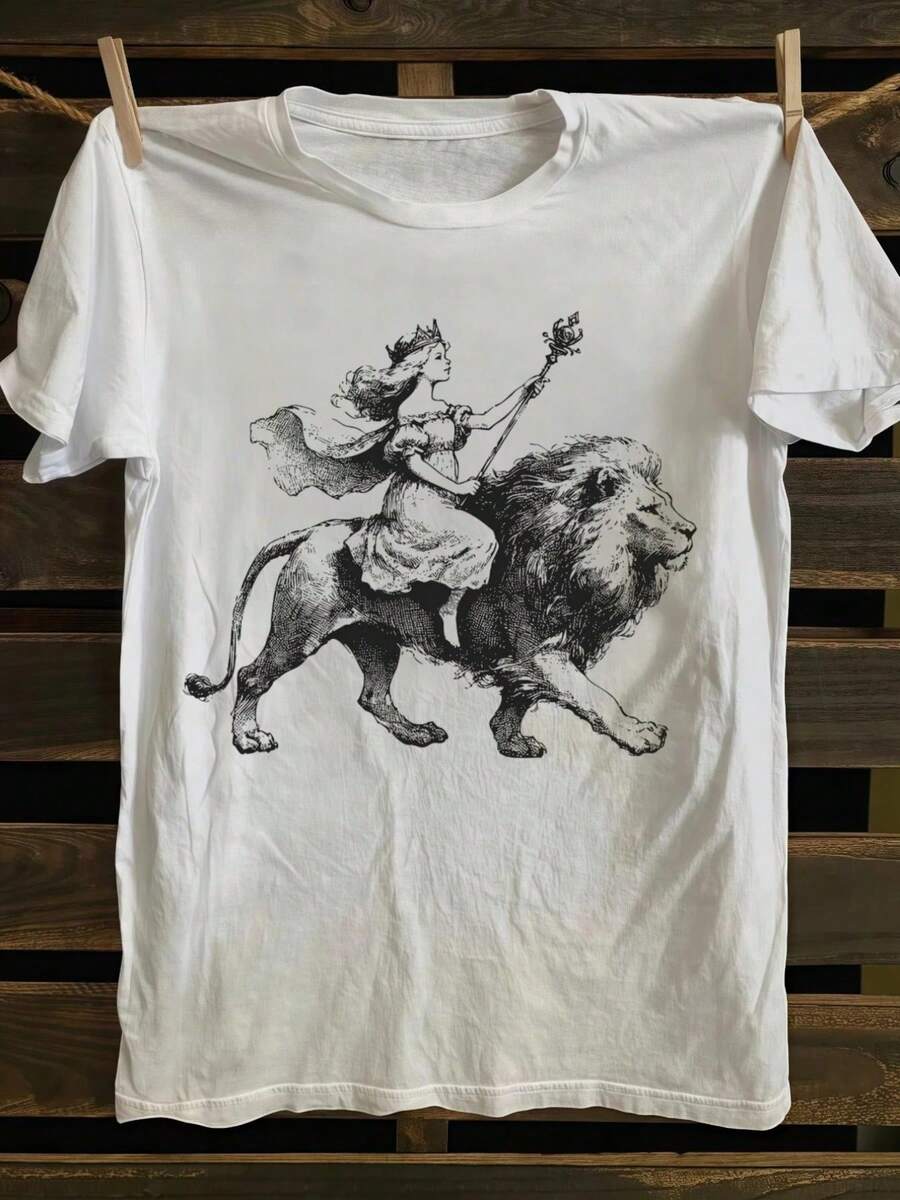Camiseta Gráfica Vintage para Mujer con Diseño de León y Guerrera - Top Casual de Manga Corta y Cuello Redondo, Suave, con Estampado de Dibujos Animados Retro, Transpirable y Cómoda para Todas las Temporadas, para Eventos Cotidianos y Temáticos, Estilo Casual Elegante y Duradero (Inspirado en Pinterest) - Camisetas de Gimnasio para Mujer de Local Warehou - Blanco - Ver 1