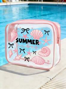 「Summer」字母印花 PVC 防水海灘包（附貝殼與海星）| 透明 PVC 托特包 | 洗漱包 | 化妝包 | 手提包 | 旅行必需品 | 適合夏季海灘度假與休閒假期 | 便攜式旅行化妝包 | 收納包 | 適合度假、浴室、海灘、游泳和旅行場景 | 生日禮物、節日禮物、派對禮物、開學季和節日必需品 - 彩色 - 查看 9