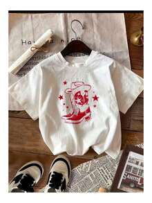 Basic T-Shirt With Retro Print, Loose And Comfortable - White - View 1