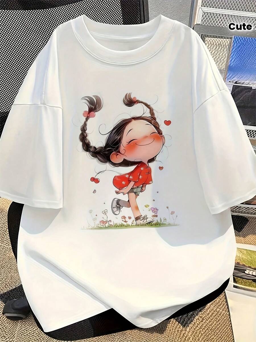 Playera gráfica casual juvenil para mujer, camiseta blanca de corte holgado con cuello redondo y estampado gráfico de dibujos animados y corazones, tr - Blanco - Ver 1
