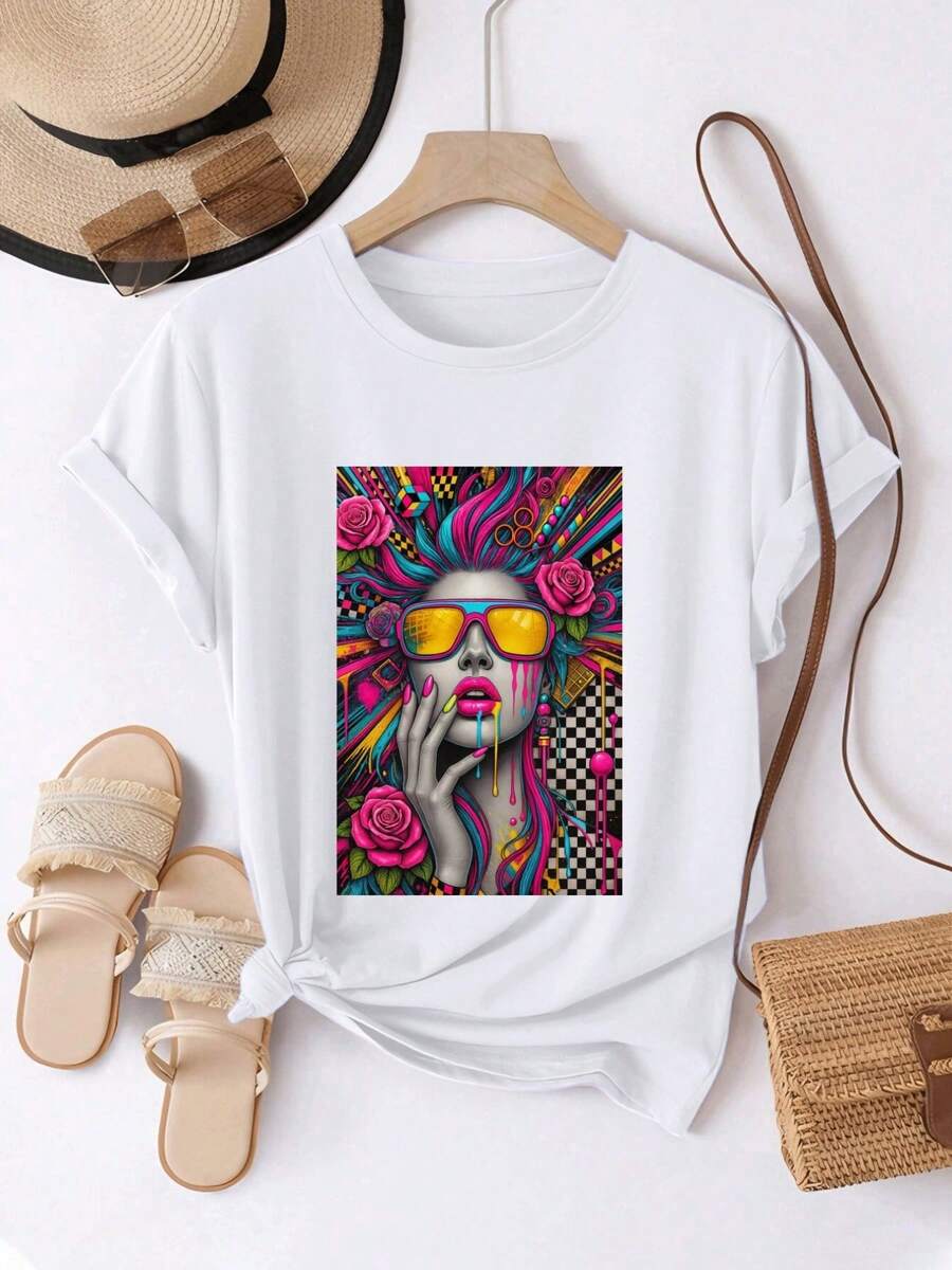 Women's T-Shirt: Comfortable And Casual Short-Sleeved, Crew-Neck T-Shirt With A Vibrant Artistic Print Featuring A Rose And A Girl Wearing Sunglasses. Crew Neck, Regular Length, Suitable For All Seasons. Ideal Everyday Fashion For Women's Spring And Summer Wear. - 白色 - 查看 1