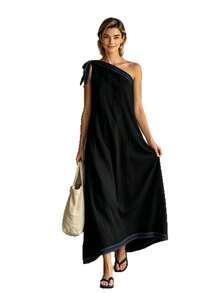 Nuevo 2026 Vestido Largo Elegante Mujer Espalda con Lazo Color Contraste - Negro - Ver 3