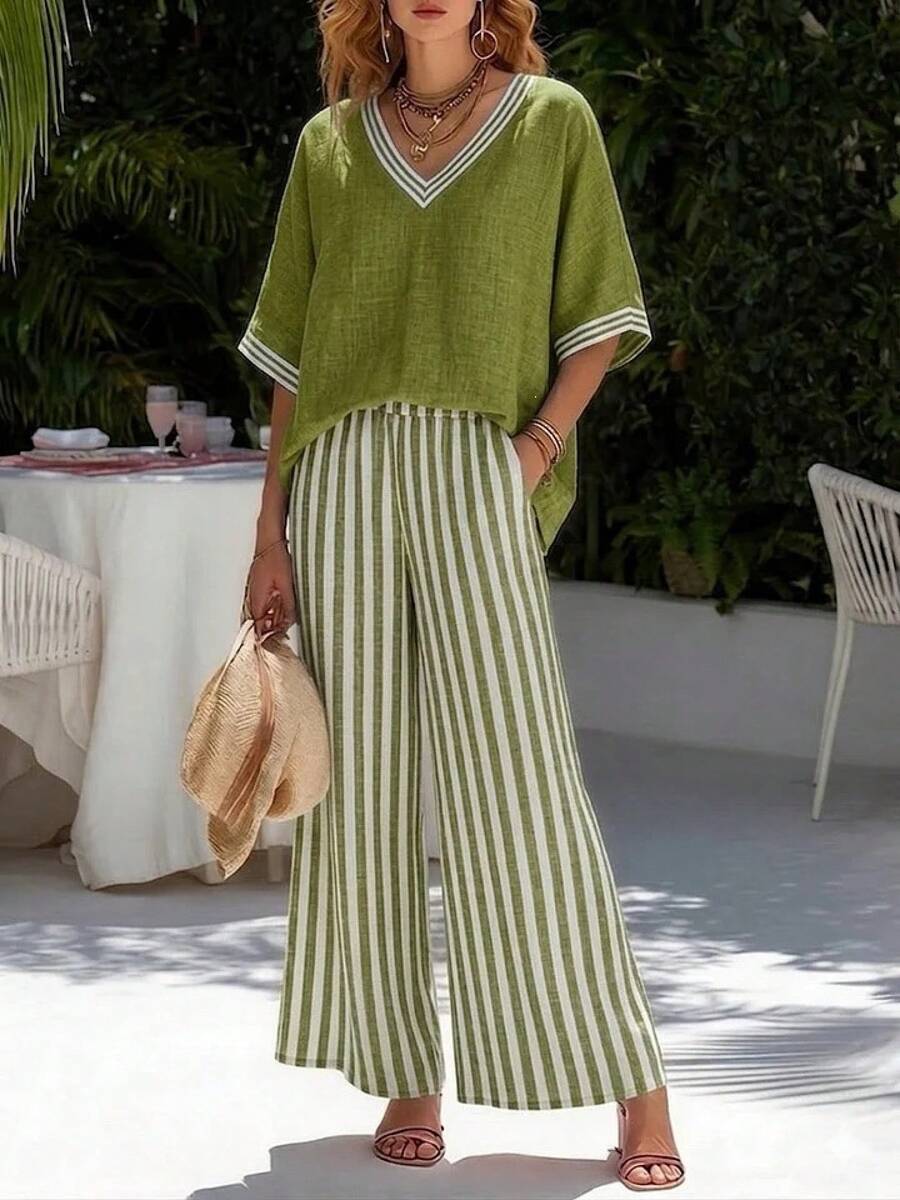Nuevo 2026 Conjunto Dos Piezas Casual Mujer Cuello en V Top Manga Corta Estampado a Rayas Pantalones Pierna Ancha Corte Holgado - Verde - Ver 1
