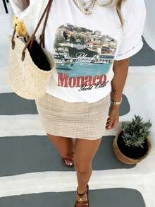 Camiseta de manga corta con estampado del Yacht Club de Mónaco para mujer, estilo retro francés costero, top casual, corte holgado, adelgazante, cómoda y transpirable, estilo retro americano - Blanco - Ver 1