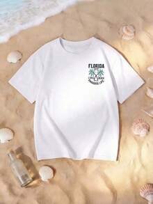 Camiseta Casual Blanca para Mujer con Estampado de Palmeras de Florida Paradise Life, Cuello Redondo, Hombros Caídos, Manga Corta, Corte Regular PCAN - Blanco - Ver 8