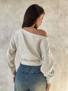 Top de manga larga asimétrico de hombro de punto de color albaricoque para mujer, otoño/invierno - Albaricoque - Ver 2