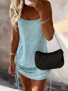 Vestido de punto casual y elegante sin mangas con lazo, de unicolor, para primavera/verano y fiestas - Celeste - Ver 3