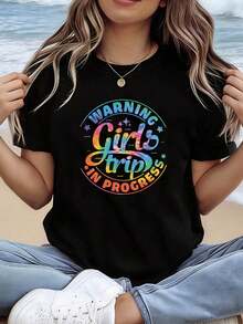FashionNEWWARNING Women's Short Sleeve Crew Neck T-Shirt, Printed With "Girls Trip IN PROGRESS", Spring/Summer Casual Gift For Shopping And Holidays, Ideal For Friends Gatherings And Vacations - Unisex Loose Fit Cotton Crew Neck Short Sleeve T-Shirt, Urban Vintage Style. - 黑色 - 查看 7