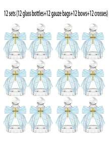 12 peças/Conjunto Garrafas de Água Benta Católica, Recipientes de Vidro Transparente de 50ml com Emblema da Cruz, Laço de Renda, Saco de Organza, Adequado para Comunhão, Batismo, Casamento e Outras Ocasiões (Azul) - Multicolorido - Visão 9