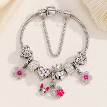 1pc Luxury Silver Beaded Bracelet With Heart, Paw Print & Flower Charms, Unique Design Versatile Daily Wear Jewelry Gift - Flower and Heart Bracelet - View 3