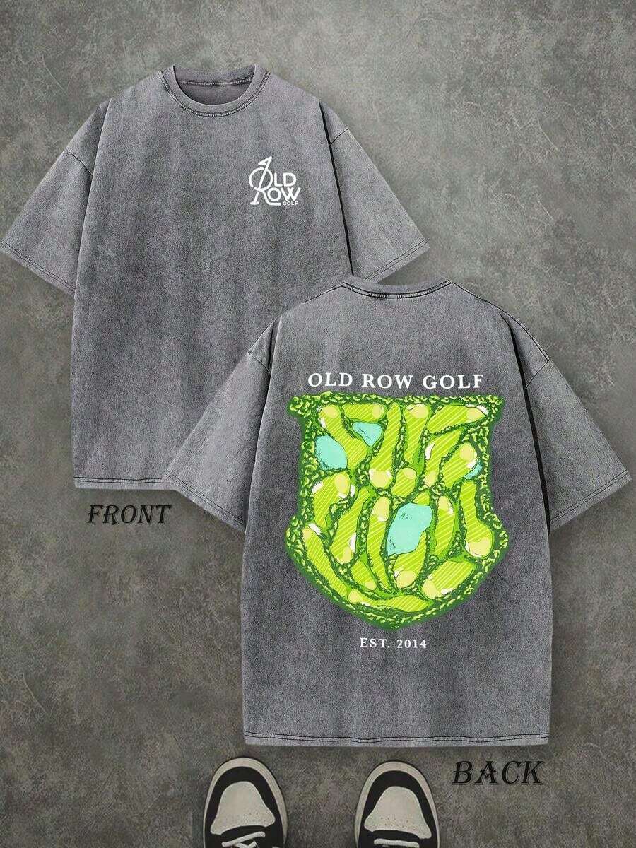 Retro Washed T-Shirt Double Sided Printed (230 Pure Cotton T-Shirt) 'OLD ROW GOLF' Letter And Golf Park Pattern Print, Men's T-Shirt, Men's Casual, Comfortable, Fashionable T-Shirt, Street Style Cotton(Retro Style, Heavyweight, Unisex) - 灰色 - 查看 1