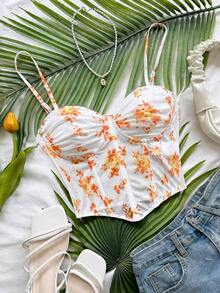 Top de camisola de malla con estampado floral vintage romántico para mujeres, adecuado para vacaciones, citas, té de la tarde, vacaciones, festivales de música, estilo bohemio, primavera/verano - Naranja - Ver 3