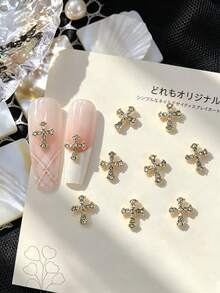 10个全镶钻十字架美甲装饰，金色3D合金美甲钉，极简日式美甲DIY配件，美甲宝石，美甲用品 - 彩色 - 查看 3