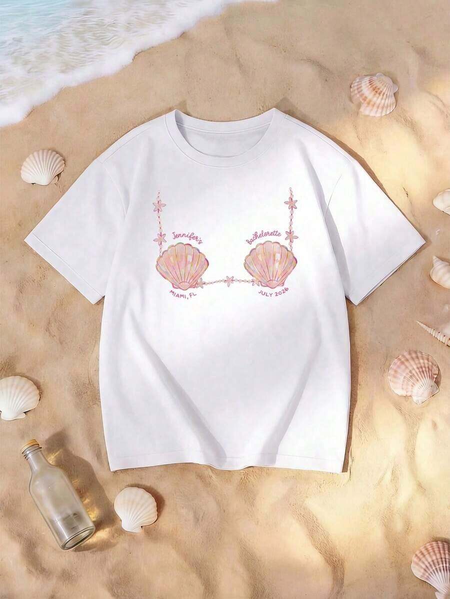 Women's Casual Short-Sleeved T-Shirt, Versatile, Suitable For Streetwear, Everyday Wear, Y2K Style/Crop Top, Oversized, Crew Neck, Perfect For Camping, Concerts, Hip-Hop, Rock, And Rap Events. Features A Mermaid Shell Print And Dropped Shoulders, Ideal For Bachelorette Parties. - 白色 - 查看 1