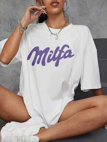 Camiseta de punto casual para mujer, de manga corta, hombros caídos, cuello redondo y longitud regular. - Blanco - Ver 7