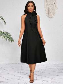 Lady Vestido de longitud media naranja con decoración de volantes florales tridimensionales en el cuello.Elegante y holgado para damas.Ideal para vacaciones de primavera y verano.Estilo bohemio. - Negro - Ver 3