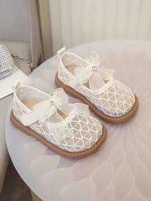 1 Pair Girls' Hollow Mesh Breathable Shoes, Decorated With Bows And Rhinestones, Soft Rubber Sole, Round Toe, Single Strap, Flat Heel, Sweet Princess Style Mary Jane Mesh Shoes, Suitable For Summer Daily Wear, School, Parties, Weddings, And Banquets - Beige - View 2