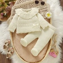 Infant Knit Set, Baby Girl Korean Style Cream White Large Collar Ruffle Knit Long Sleeve Pullover Sweater, Footed Leggings Versatile Outfit For Baby Girls - Beige - View 10