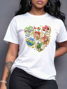 Personajes animados dentro de corazones coloridos que evocan amistad aventura y alegría infantil con detalles de estrellas planetas y lazos en tonos vivos camiseta para mujer cómoda y moderna para uso diario,Camiseta de mujer elegante. - Blanco - Ver 1