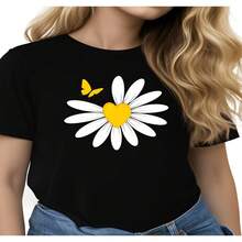 Womens Casual Cotton Short Sleeve Round Neck T-shirt with Daisy Heart Butterfly Print - Negro - Ver 1