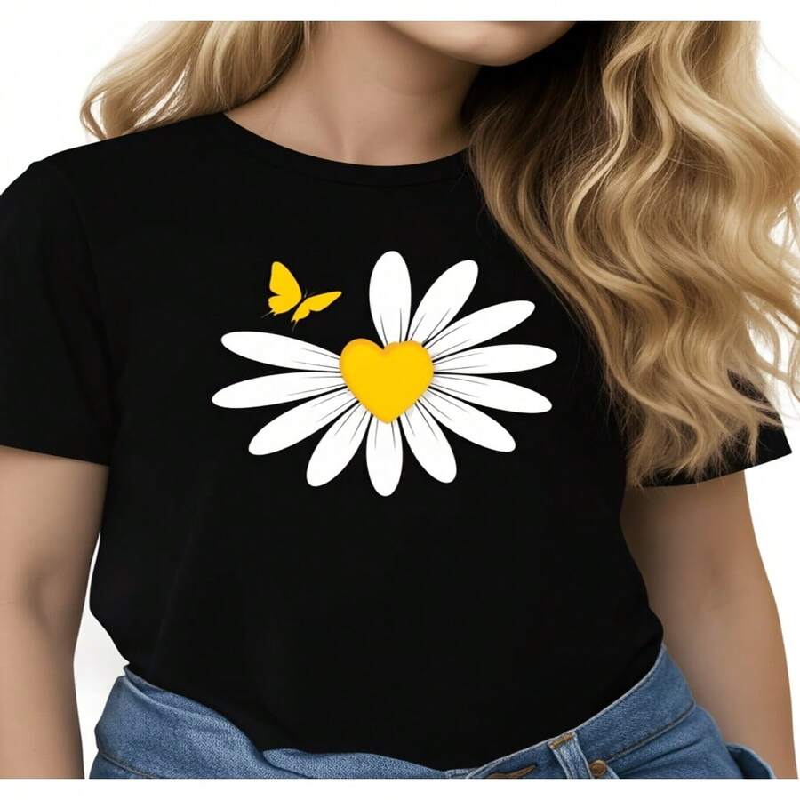 Womens Casual Cotton Short Sleeve Round Neck T-shirt with Daisy Heart Butterfly Print - Negro - Ver 1