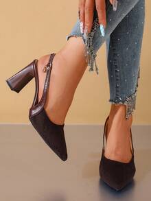 Color Block Pointed Toe Chunky Heel Sandals, Strap Dress Shoes For Work, Party, Commute, Date, Versatile - Brown - View 4