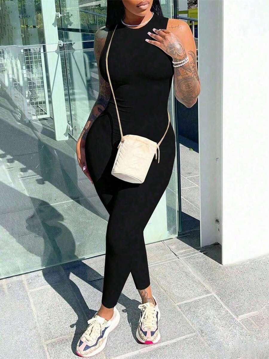 Mono de mujer de nueva moda, casual, con empalme, sin mangas, de cintura alta, ajuste ceñido, pantalones deportivos de cintura alta, elegante y bien ajustado para el verano en color negro - Negro - Ver 1