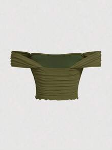 Top de hombros descubiertos fruncido de malla - Verde militar - Ver 2