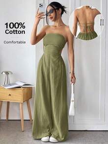 Mono de pierna ancha informal de mujer de talla grande, de algodón, con tirantes finos y espalda descubierta, para verano - Verde militar - Ver 7