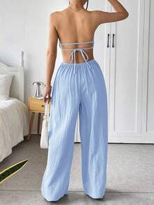 Mono de pierna ancha informal de mujer de talla grande, de algodón, con tirantes finos y espalda descubierta, para verano - Celeste - Ver 2