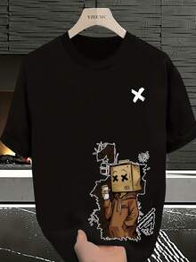 Camiseta de manga corta casual de calles con graffiti de muñeca de moda de verano para amigos y familiares - Negro - Ver 3