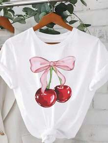 Camiseta de Moda con Estampado de Cerezas, 100% Algodón, Cuello Redondo, Manga Corta, Corte Holgado, Absorbente de Sudor y Transpirable, Comodidad Casual para Todas las Temporadas - Blanco - Ver 7