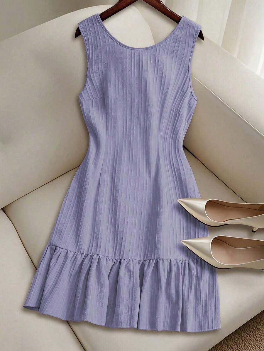 Vestido casual mini de mujer con tirantes de amarre, espalda descubierta, sin mangas, corte evasé y dobladillo con volantes - Morado 2 - Ver 1