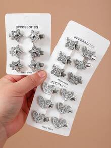 18pcs/Set Silver Rhinestone Heart/Star/Butterfly Hair Clips, Bangs Clips, Hairpins For Girls, Versatile Daily Use - Silver - View 4
