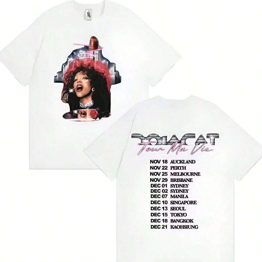 Mercancía de la gira mundial _M Vie_ de la cantante Doja Cat 2026 - Camisetas retro de alta calidad estilo Harajuku para hombre y mujer (1) 100% algodón - Blanco - Ver 1
