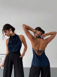 negra ajustada de estilo casual y elegante para la temporada de primavera/verano, con cuello asimétrico, sin mangas, escote halter, espalda descubierta y decoración de lazo - Azul - Ver 10