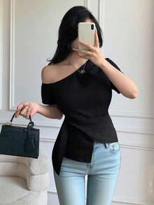 Blusa casual elegante de hombros con nudo, de corte slim para mujeres - Negro - Ver 5