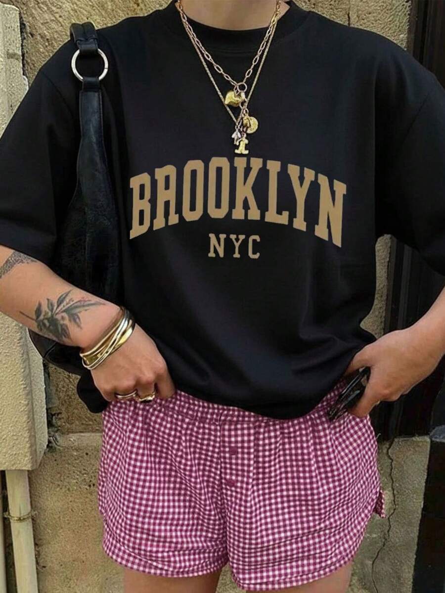 Women's Summer Short-Sleeved T-Shirt, Casual Design With Letter Print, Loose And Comfortable For Informal Occasions. - màu đen - Xem 1