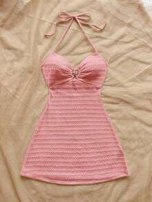 Vestido mini con textura, escote en V, decoración de estrella de mar metálica, cuello con lazo, espalda descubierta, ideal para vacaciones, citas, té de la tarde, días festivos, festivales de música, estilo bohemio - Rosa - Ver 5