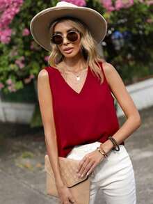 Blusa sin mangas de color sólido, casual para el verano - Burdeos - Ver 6