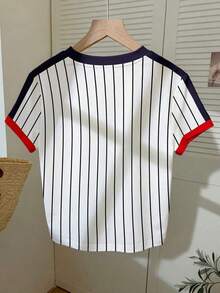 Camiseta casual de mujer de manga corta con cuello redondo, estampado de letras y bloques de color - Blanco - Ver 2
