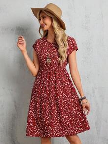 Vestido midi azul de manga corta y manga murciélago con estampado floral para mujer, vestidos de verano para mujeres - Óxido marrón - Ver 6