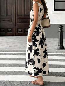 Vestido maxi a cuadros marrones 2026 para mujer, con tirantes de lazo y cintura fruncida con volantes, estilo minimalista casual y perfecto para vacaciones y uso diario - Multicolor - Ver 2