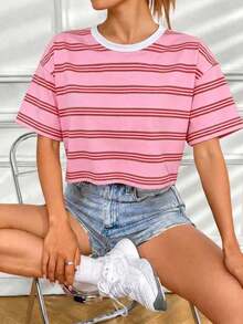 Camiseta casual de mujer con cuello redondo, manga corta y bloque de color con estampado de letras - Rosa - Ver 5